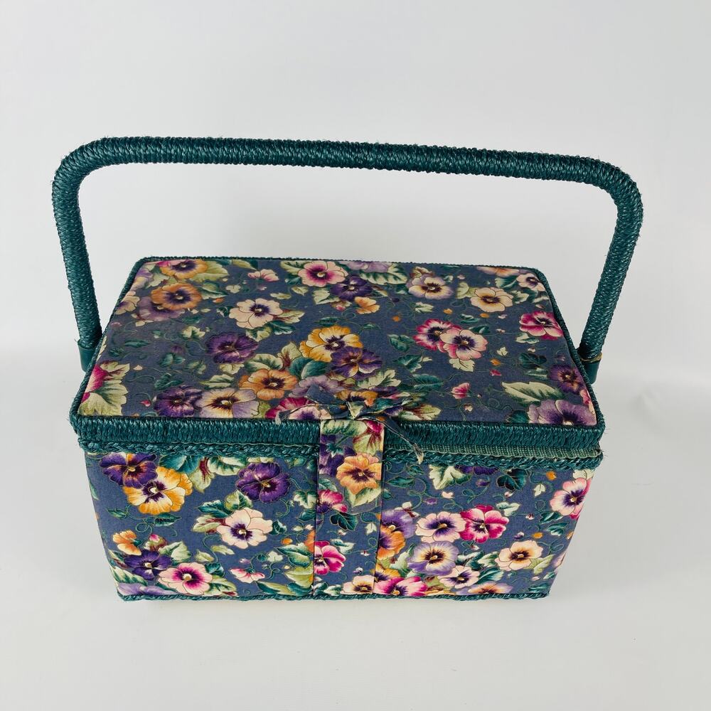 Vintage Style Hobby Sewing Box Blue with Pansy Print Green Trim with Pin Cushion
